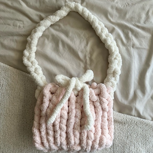 Handbags - Crochet Finger Knit Cozy Girly Coquette Bow Pink And White Bag Handmade